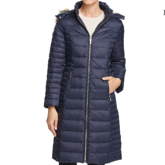 kate spade Faux Fur Trim Hooded Puffer Coat jacket deep navy size xs nwot - Picture 1 of 13